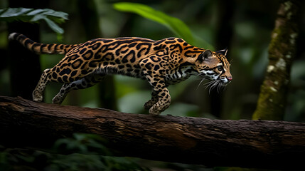 Naklejka premium Jaguarundi Running On Tree Branch In Tropical Forest