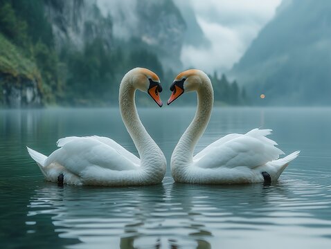Two swans facing each other forming heart shapes with curved necks on misty mountain lake. Monogamous symbolism for wedding themes, emotional wellness visuals, wetland conservation