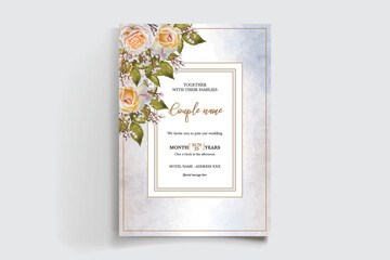 WEDDING INVITATION FRAME WITH FLOWER DECORATIONS AND FRESH LEAVES