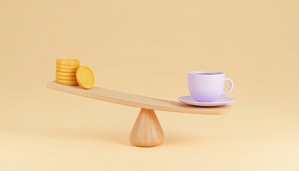 Coffee cup and stacks of coins on a wooden seesaw representing financial crisis and inflation impact on economy