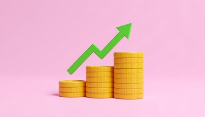 Stacks of coins with a green arrow pointing up on pink background signifying financial growth and success