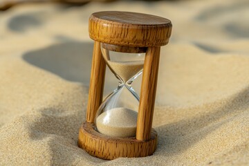 Wooden hourglass resting on soft sand while time slowly passes by in a tranquil setting, Wooden hourglass on sand, symbolizing time passing in nature