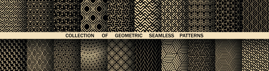 Geometric set of seamless black and golden patterns. Simple vector graphics