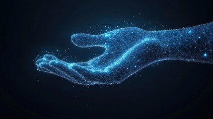 Abstract digital hand offering, dark background, glowing particles