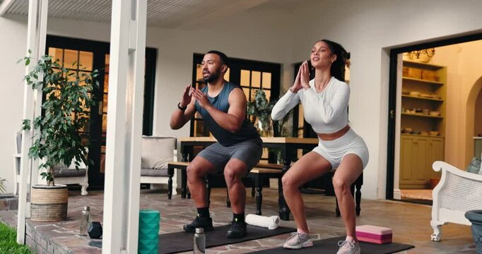 Woman, man and squat exercise with fitness, workout and balance with growth for leg muscle on patio. Couple, home and training with challenge, stretching and development for glutes in morning