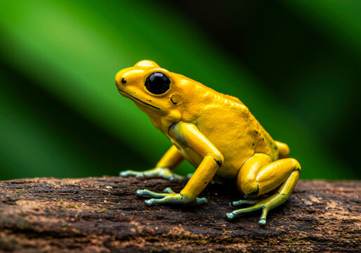 yellow poison dart frog perched on a log