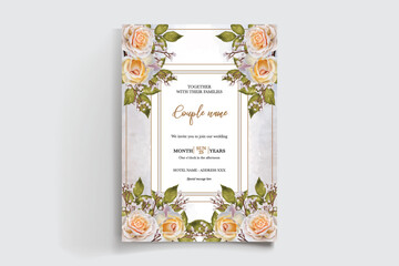 WEDDING INVITATION FRAME WITH FLOWER DECORATIONS AND FRESH LEAVES