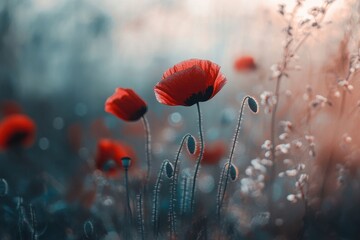 Closeup of vibrant red poppy flowers swaying gently in the summer breeze surrounded by soft greenery, Red poppy flowers at summer time close up,