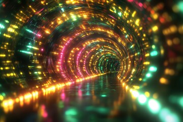 Vibrant neon glowing light tunnel creating an immersive experience, Neon glowing light tunnel Seamless 3D render