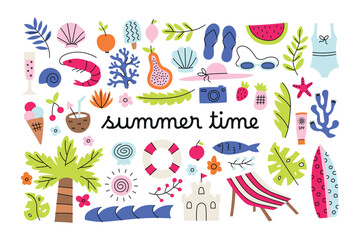 Summer time vacation set. Tropical, beach, nautical, marine, sea, ocean illustration collection, stickers for daily planner, scrapbooking, cards. Simple hand drawn style.