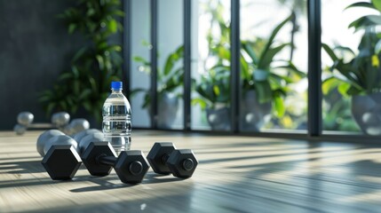 Dumbbells, water bottle, gym, sunlight, plants