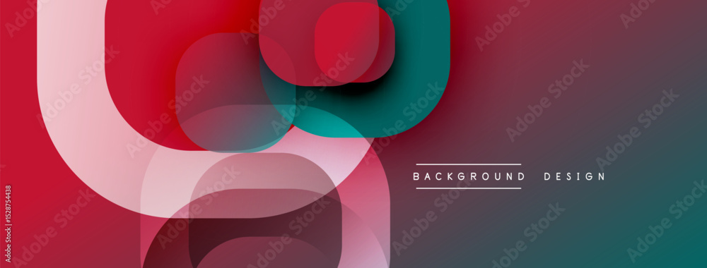 Poster abstract geometric shapes overlap, creating vibrant red, pink, teal gradients. modern design element