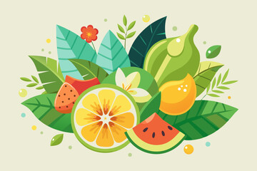 tropical fruit slices arranged with leaves