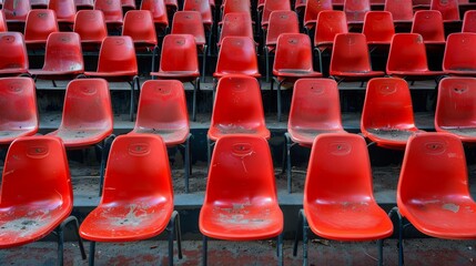Naklejka premium Empty rows of red stadium seats in a sports arena awaiting an upcoming football game or concert