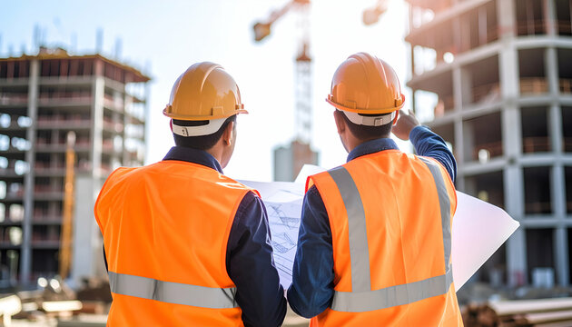 Para pekerja konstruksi sedang meninjau di lokasi pembangunan modern.