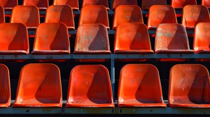 Empty rows of red stadium seats awaiting a football game or concert in a public arena