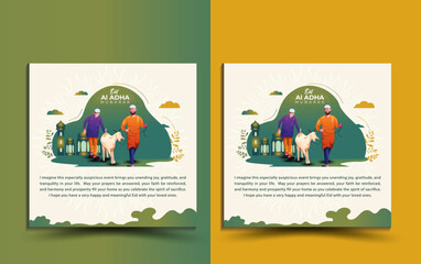 Eid Al Adha Mubarak greeting social poster background design  Vector illustration, Muslim community festival. Mosque silhouette in the night sky and abstract religious Arabic lanterns, lights and moon