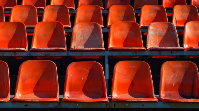 Empty rows of red stadium seats awaiting a football game or concert in a public arena