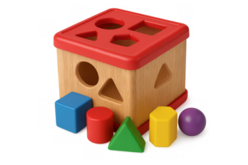 Wooden educational puzzle featuring colorful geometric blocks, helping toddlers develop problem-solving skills and hand-eye coordination, white background