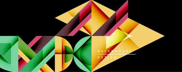 Abstract geometric shapes overlap, creating vibrant colorful design. Yellow, green, red hues dominate black background. Modern aesthetic, dynamic composition.