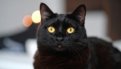 Portrait photo of a black cat with yellow eyes with a blurred background