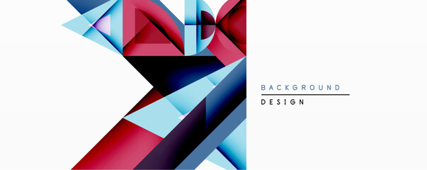 Abstract geometric shapes create dynamic composition. Red, blue, black gradients dominate design. Minimalist style, modern aesthetic, clean lines present visual interest.