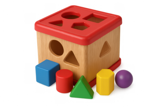 Wooden educational puzzle featuring colorful geometric blocks, helping toddlers develop problem-solving skills and hand-eye coordination, white background