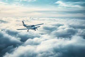 Obraz premium Small aircraft soaring above fluffy clouds on a clear day, Small aircraft flying above clouds during daylight