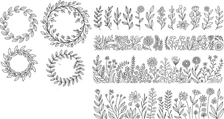 Hand-drawn floral elements, botanical wreaths, flower borders, leaf frames, nature collection, decorative plants, black outline vector, garden design, vintage illustration