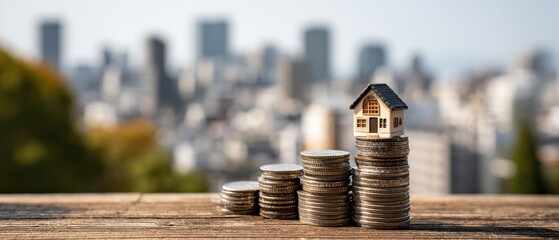 A miniature house sits atop stacks of coins with a blurred cityscape in the background, symbolizing real estate investment and property value growth.