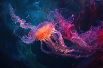 Obraz premium Colorful jellyfish swim gracefully in the deep ocean, showcasing vibrant patterns and ethereal movements, Colorful Jellyfish Swim In Deep Ocean