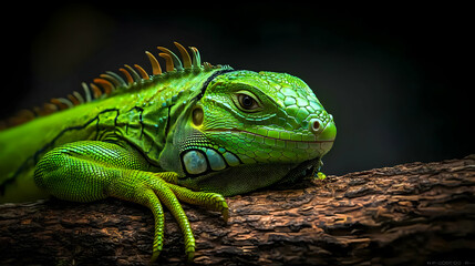 Closeup Bright Green Iguana On Branch