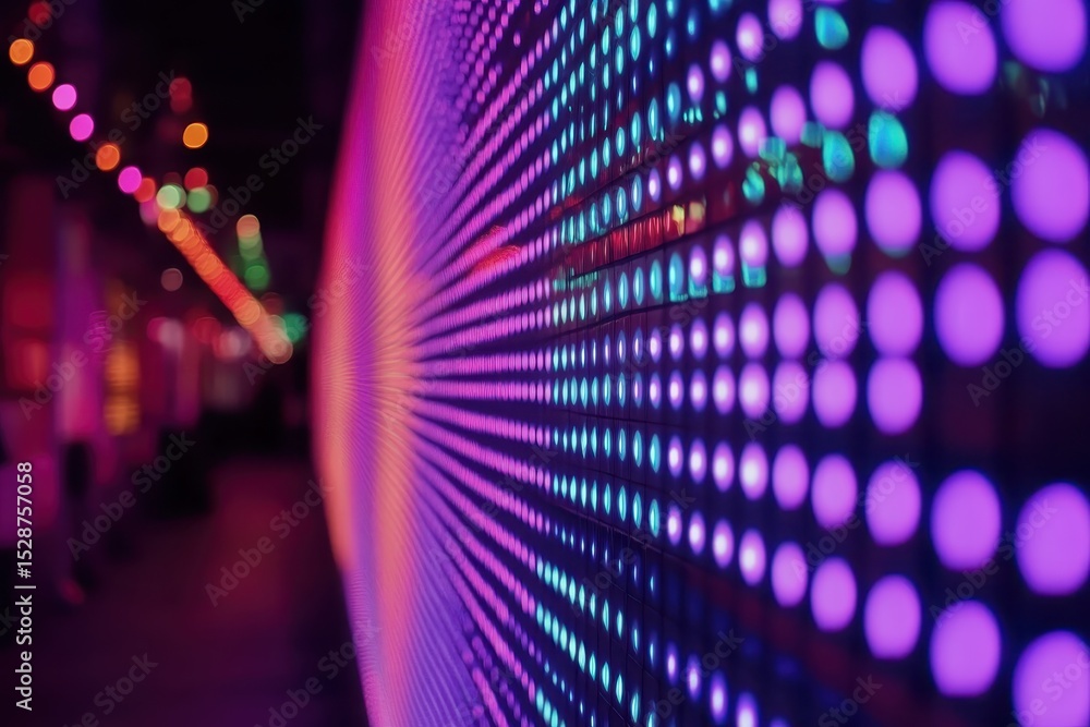 Poster colorful led lights create a vibrant bokeh effect in an urban setting at night, defocused bokeh back