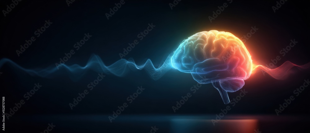 Poster a glowing digital brain with colorful neural waves illustrating concepts of intelligence, cognition,