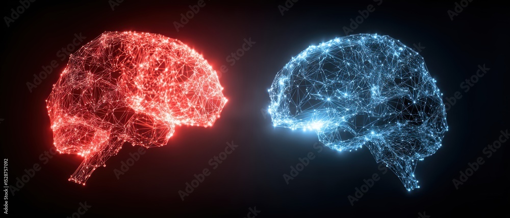 Poster digital illustration of two neural network brains facing each other, one glowing red and the other b