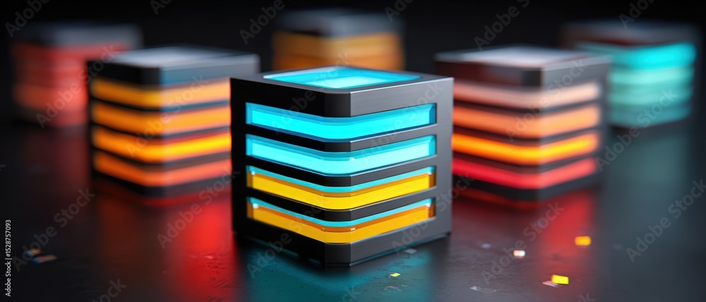 Poster a set of colorful, glowing, stacked neon cubes on a dark surface with a blurred background, creating