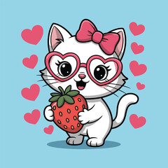 Cute cat with strawberry and heart glasses vector illustration isolated background
