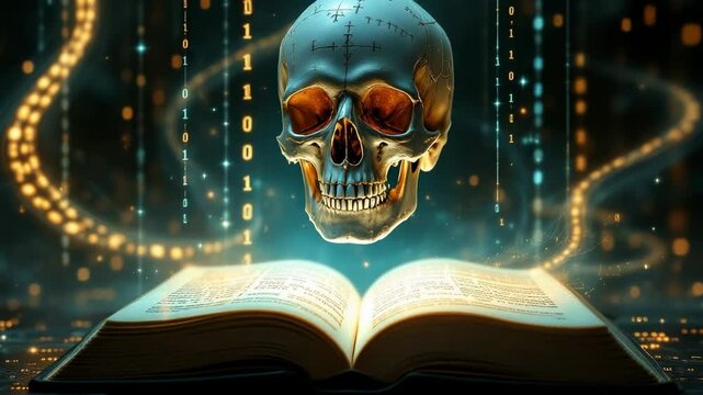 Digital art of hovering skull over open book with binary code