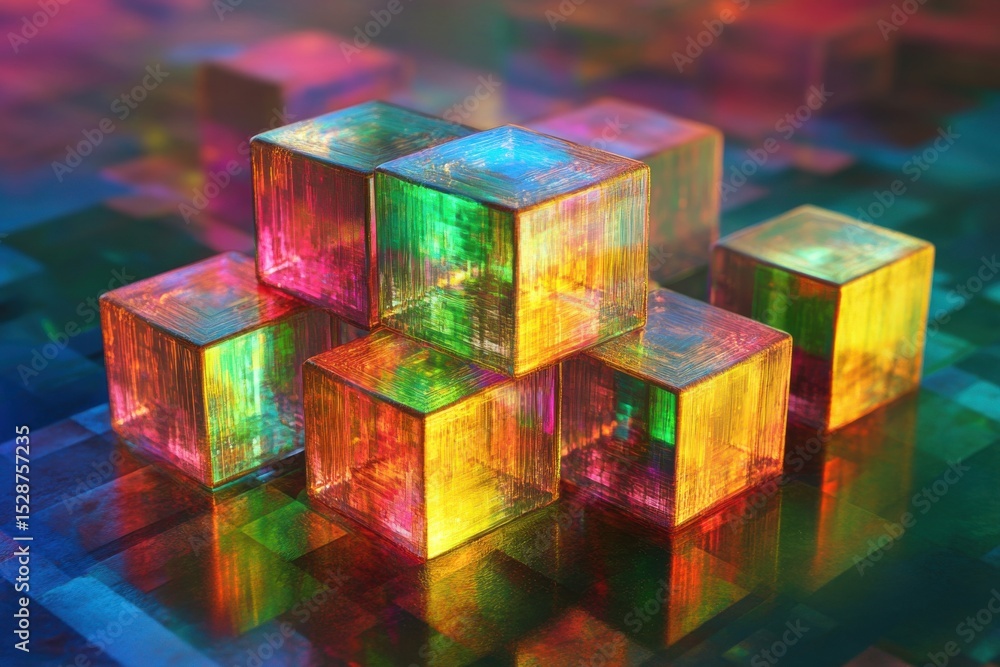 Poster colorful glitch wave cubes create a mesmerizing display with vibrant reflections in a dynamic digita