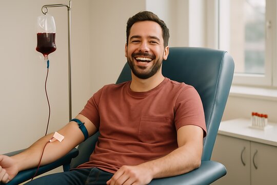 Man donating blood at donation center smiling blood donation drive blood transfusion blood donor volunteer