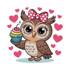 Cute cartoon owl with cupcake vector illustration isolated on white background