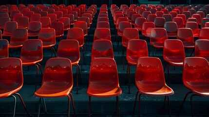 Empty rows of red stadium seats awaiting spectators for upcoming sports events and concerts