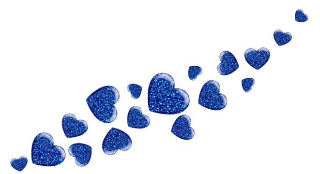 Cascading blue glitter hearts, isolated on white & transparent background, perfect for Valentine's Day, baby boy shower, wedding invitations, romantic greetings, anniversaries,