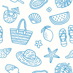 Seamless pattern with doodle summer vacation beach elements.