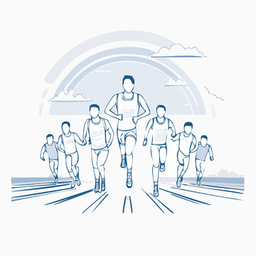Minimalist line-art vector of a group of runners at starting line, clean layout with focus on motion and teamwork, ideal for estafet t-shirt