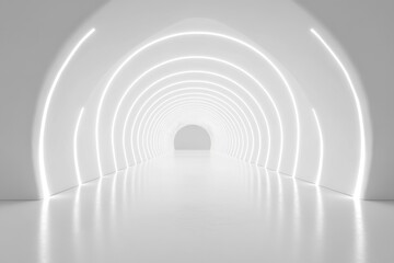 Futuristic tunnel illuminated by bright white neon lights with reflective surfaces, Futuristic tunnel with bright white neon lights in 3D