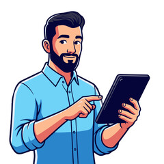 Professional Man Using Digital Tablet, Vector Cartoon Illustration. Represents Modern Technology, Business Communication, and Online Work.