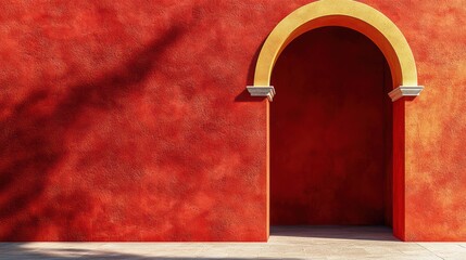 Saturated Red Wall Archway with Natural Sunlight Shade and Deep Color Harmony in Classic Architecture