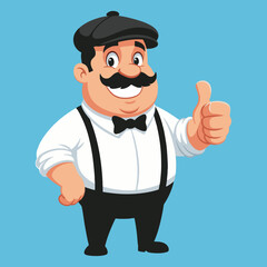 Smiling Chef or Waiter Giving Thumbs Up, Vector Cartoon Illustration. Represents Excellent Service, Approval, and Positive Feedback in Hospitality.