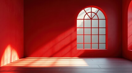 Interior red room with window frame and light reflection modern and minimalist presentation background studio apartment artistic rendering